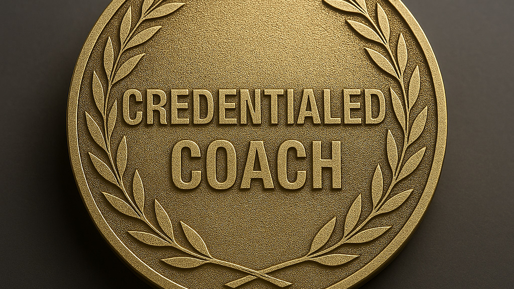 A gold medallion with a decorative wreath around the edge and the words Credentialed Coach in the center.