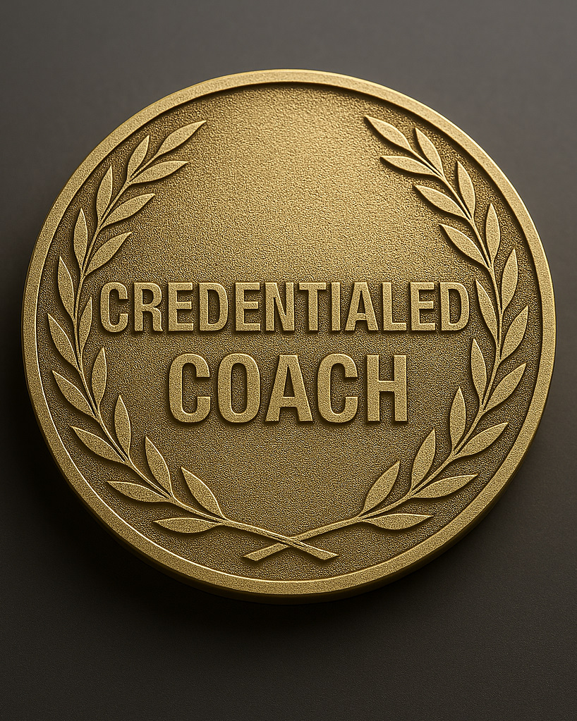 A gold medallion with a decorative wreath around the edge and the words Credentialed Coach in the center.